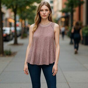 FREE PEOPLE Brown Crochet Peplum Cut Out Back Sleeveless Top Ladies Juniors S